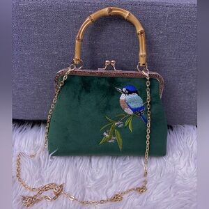 Elegant Green Embroidered bluebird Handbag with Bamboo Handle and gold chain